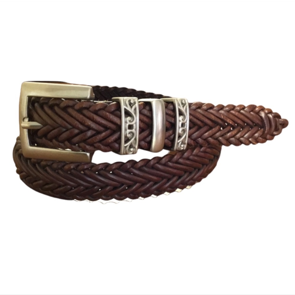 Braided Brown Leather Belt Silver Buckle 1” wide Small 34”